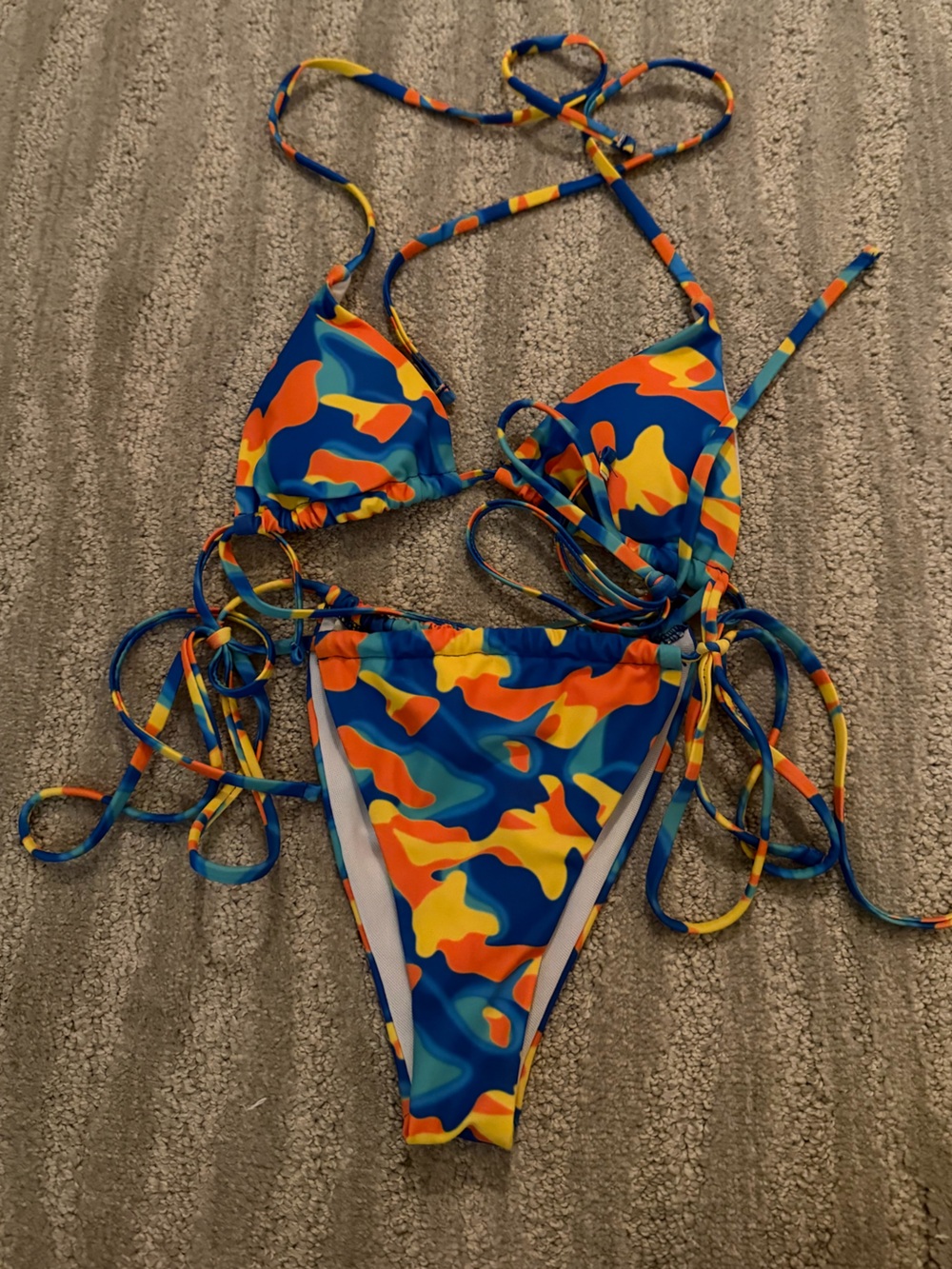 SHEIN Blue Orange Yellow Camouflage String Bikini